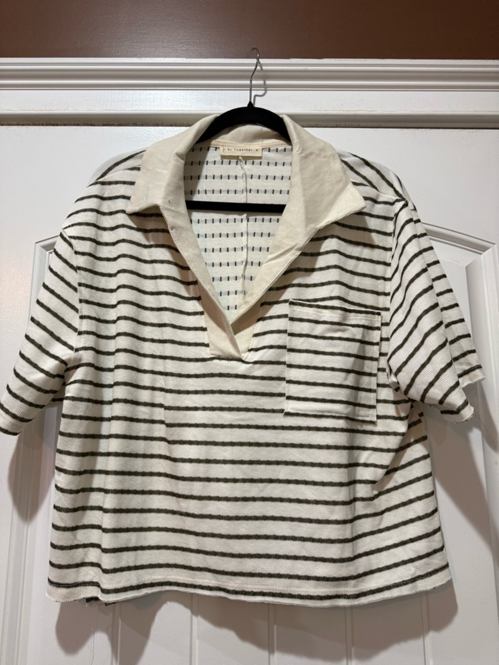 By Together Cream and Black Striped Open-Collar Crop Polo